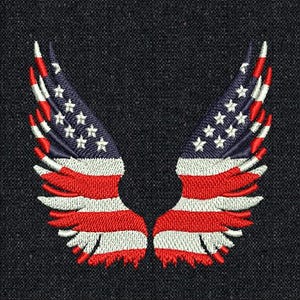 May include: Embroidered wings in the style of the American flag. The wings are red, white, and blue, with stars and stripes. The wings are on a dark gray background.