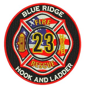 May include: Embroidered patch featuring the words "BLUE RIDGE FIRE RESCUE HOOK AND LADDER" in a circular design. The patch has a black border and a red inner circle. The center features a fire department emblem with the number 23.