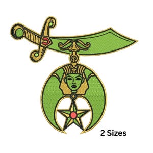 May include: Embroidered patch featuring a green and gold design. The patch includes a sword, a crescent moon shape with a pharaoh's face, and a star. The text "2 Sizes" is at the bottom.
