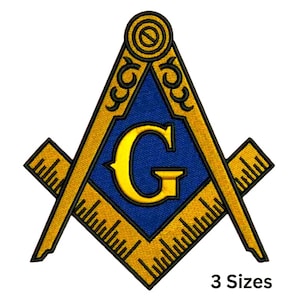 以下が含まれることがあります： フリーメイソンのシンボルであるコンパスと定規の刺繍パッチ。デザインは、中央に金色の「G」が入った青い正方形、金色のコンパスと定規で構成されています。「3 Sizes」の文字が下部にあります。