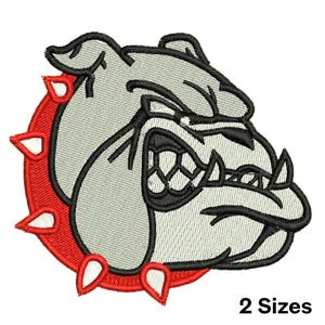 May include: Embroidered patch featuring a bulldog's head with an aggressive expression. The bulldog is gray with black outlines and a red collar. The text "2 Sizes" is at the bottom.