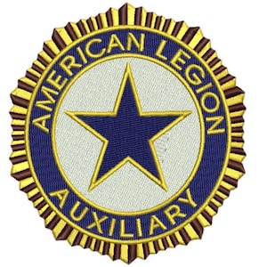 May include: Embroidered patch featuring the words "AMERICAN LEGION AUXILIARY" in gold lettering on a navy blue and white circular design. A navy blue star is centered within the design, surrounded by a gold border and a brown and gold scalloped edge.