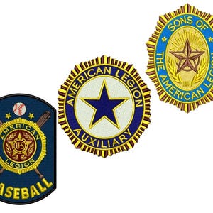 May include: Three embroidered patches featuring the words "American Legion" and related imagery. One patch is navy blue with a baseball theme, another is a circular design with a blue star, and the third is a gold and blue design with a star.