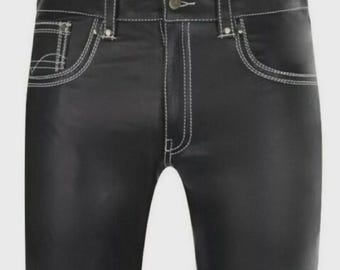 Men's High Waist Black Genuine Leather Pants