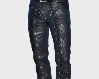 Pantalones de hombre de cuero auténtico con cordones