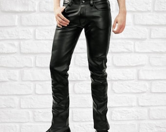 Men's High Waist Black Genuine Leather Pants