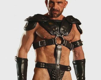 Mens Leather Gladiator Harness, Spartan Warrior Armor Costume, Roman Shoulder Armor Set