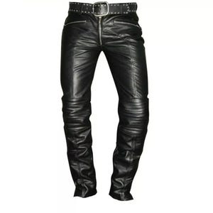 Men&#39;s Black Real Leather Biker Pants – Slim Fit Motorcycle Trousers with Zipper Pockets