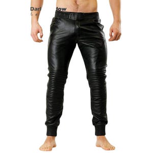Men’s Black Real Leather Jogger Pants with Ribbed Knee Design – Slim Fit Biker Style Trousers