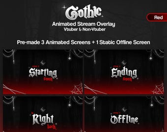 Goth Animated Screens, Red & Black, Moon, Stars, Starting, Ending, Brb, Offline, Vtuber Overlay, Stream Screens, Twitch Streaming Screens