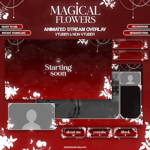 May include: A digital animated stream overlay with a burgundy background and white floral accents. The text "MAGICAL FLOWERS" is at the top, with "Starting soon" in the center. Includes social media buttons and a profile frame.