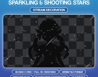 May include: Animated sparkling and shooting stars stream decoration in 4K (3840 x 2160) and Full HD (1920 x 1080) resolutions. The animation is in WEBM file format, with separate files, a transparent background, and adjustable settings.