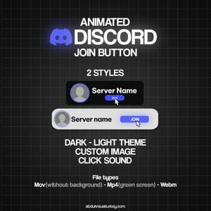 Może przedstawiać: Animowany przycisk dołączania do Discorda z dwoma stylami, z ciemnym i jasnym motywem. Obraz zawiera logo Discord, tekst "ANIMATED DISCORD JOIN BUTTON" oraz tekst "Server Name" z przyciskiem "Join". Grafika zawiera również tekst "DARK - LIGHT THEME".