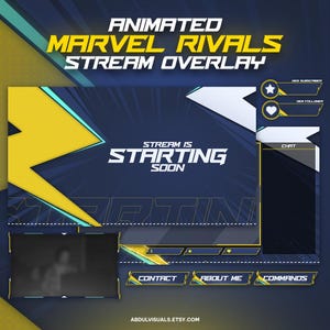 May include: Animated Twitch stream overlay with a yellow lightning bolt design. The overlay includes sections for chat, new subscribers, new followers, contact, about me, and commands. The text "Stream is Starting Soon" is displayed in the center of the overlay.