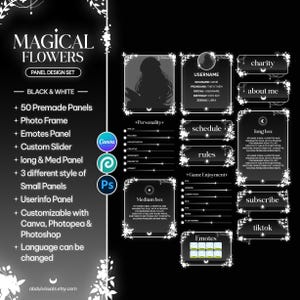 Magical Flowers Twitch Panels - Canva Customizable | 50 Stream Panels Set, Black & White, Stars, Accessory Set, Sliders, Vtuber Panels