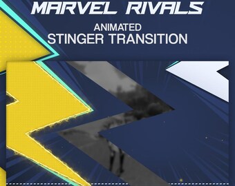 May include: A graphic design for "Marvel Rivals" featuring a stylized lightning bolt in yellow and white against a dark blue background. The text reads "Marvel Rivals" and "Animated Stinger Transition."