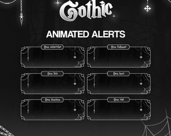 May include: A black and white graphic with the word "Gothic" and "Animated Alerts". Six rectangular frames are labeled "Rew subscriber", "Rew follower", "Rew bits", "Rew host", "Rew donation", and "Rew raid". The Etsy shop name "abdulvisuals.etsy.com" is at the bottom.
