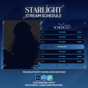 Plantilla de horario de transmisión Starlight, personalizable en Canva, para vtuber, horario de transmisión, recursos PNG para vtuber, azul cielo, mágico, estético, estrellas, blanco