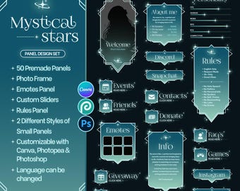 May include: A digital panel design set titled Mystical Stars featuring teal gradient frames with white star accents. Includes sections for About Me, Rules, Discord, Snapchat, Contacts, Donate, Emotes, Events, Friends, Giveaway, Commands, Info, FAQ, Games, Instagram, and Email.