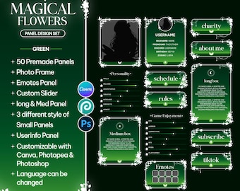 May include: A digital panel design set in shades of green featuring floral accents and white text. The set includes a photo frame, user info panel, personality and game enjoyment sliders, and various labeled boxes for charity, about me, schedule, rules, and emotes.