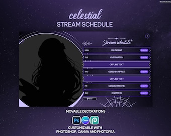 Celestial Stream Schedule Template, Customizable, Purple, Vtuber Schedule, Twitch Stream Schedule, Canva Template, Aesthetic, Moons, Stars