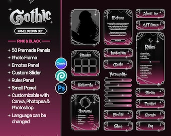 May include: A pink and black Gothic panel design set for online content creators. Includes premade panels, photo frames, and customizable elements. Features the text "Gothic" and "Panel Design Set".