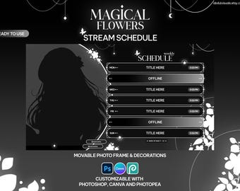 May include: A black and white digital stream schedule template with a floral design. The template features a movable photo frame and decorations. It is customizable with Photoshop, Canva, and Photopea.