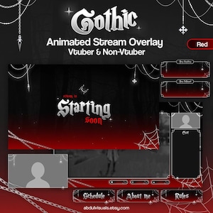 Superposition de flux animés gothiques, rouge et noir, Vtuber Stream Pack, Lune, Package gothique sombre - Écrans, alertes, panneaux, Vtuber gothique