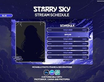 Starry Sky Stream Schedule Template, Canva Customizable, Vtuber, Stream Schedule, Blue, Magical, Aesthetic, Stars, Moon, Photoshop