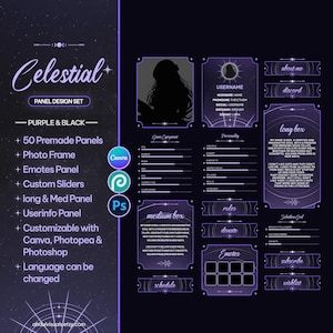 Celestial Twitch Panels - Canva Customizable | 50 Stream Panels Set, Purple, Moon & Stars, Accessory Set, Sliders, Vtuber Panels