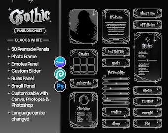 Goth Twitch Panels - Canva Customizable | 50 Stream Panels Set, Black & White, Moon, Stars, Chains, Accessory Set, Sliders, Gothic Panels
