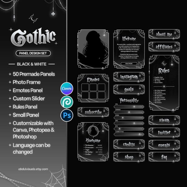 Gothic Twitch Panels - Canva Individuell einstellbar | 50 Stream Panels Set, Schwarz & Weiß, Mond, Sterne, Ketten, Accessoire Set, Schieber, Gothic Panels