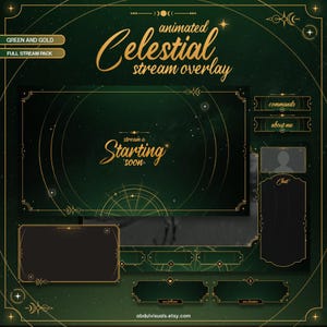 May include: Animated "Celestial" stream overlay in green and gold. The design includes a main display area, chat box, and other interactive elements. The text "stream is starting soon" is featured. The Etsy shop URL is visible at the bottom.