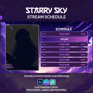 Modelo de cronograma de transmissão do céu estrelado, Canva personalizável, Vtuber, cronograma de transmissão, roxo, mágico, estético, estrelas, lua, Photoshop