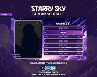 Starry Sky Stream Schedule Template, Canva Customizable, Vtuber, Stream Schedule, Purple, Magical, Aesthetic, Stars, Moon, Photoshop