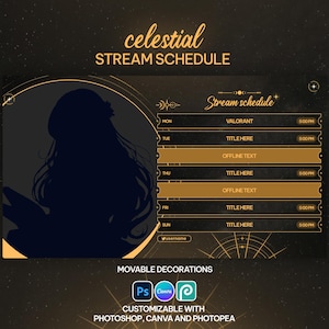 Modèle de programme de diffusion céleste, personnalisable, Or, Vtuber, Programme de diffusion, Éléments PNGTuber, Twitch, Modèle Canva, Esthétique, Étoiles