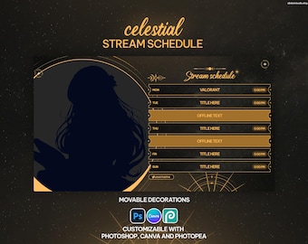 Celestial Stream Schedule Template, Customizable, Gold, Vtuber, Stream Schedule, PNGTuber Assets, Twitch, Canva Template, Aesthetic, Stars