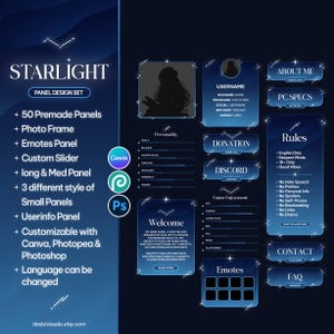 Paneles de Twitch Stars - Personalizables con Canva / Set de 50 paneles para streaming, Azul y Blanco, Set de accesorios, Sliders, Paneles Starlight para Vtuber