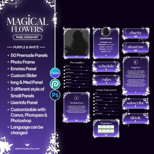 Panneaux Twitch Fleurs magiques - Personnalisable | Ensemble de 50 panneaux Stream, violet et blanc, étoiles, jeu d'accessoires, curseurs, panneaux Vtuber
