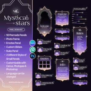 Pode incluir: Um conjunto de design de painéis digitais intitulado Mystical Stars com molduras de gradiente roxo, bordas douradas e detalhes de estrelas. Inclui seções para Welcome, About Me, Rules, Emotes, Discord, Snapchat, Contacts, Donate, FAQ, Games, Instagram e Email.