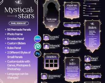 May include: A digital panel design set titled Mystical Stars featuring purple gradient frames with gold borders and star accents. Includes sections for Welcome, About Me, Rules, Emotes, Discord, Snapchat, Contacts, Donate, FAQ, Games, Instagram, and Email.