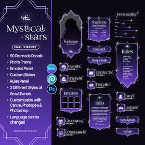 May include: A digital design set titled Mystical Stars featuring purple and white panels with star accents. Includes a welcome frame, personality sliders, rules, and various buttons for Discord, Snapchat, contacts, donate, emotes, info, and social media.