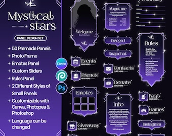 May include: A digital design set titled Mystical Stars featuring purple and white panels with star accents. Includes a welcome frame, personality sliders, rules, and various buttons for Discord, Snapchat, contacts, donate, emotes, info, and social media.