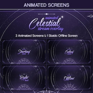 May include: A digital product featuring a celestial-themed stream overlay. The design includes four screens: "Starting Soon," "Ending Soon," "Right Back," and "Offline." The overlay has a dark purple background with white and purple accents, and the text "Celestial stream overlay."