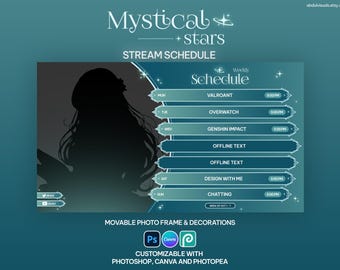 Mystical Stars Stream-schemasjabloon, aanpasbaar op Canva, Streamweekschema, gloeiende sterren, manen, groen, Vtuber-schemasjabloon