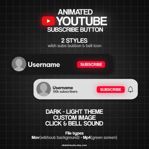 Puede incluir: Gráfico de botón de suscripción a YouTube animado con dos estilos. El gráfico presenta un botón de reproducción rojo, un icono de usuario en blanco y negro y un botón de suscripción rojo. El texto "Nombre de usuario" y "Suscribirse" se muestra en el botón. El gráfico también incluye un icono de campana.