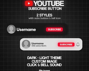 May include: Animated YouTube subscribe button graphic with two styles. The graphic features a red play button, a black and white user icon, and a red subscribe button. The text "Username" and "Subscribe" are displayed on the button. The graphic also includes a bell icon.
