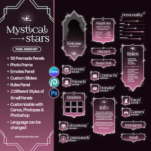Mystical Stars Twitch Panels - Canva Customizable | 50 Stream Panels Set, Pink, Stars, Moons, Cozy, Aesthetic, Accessory Set