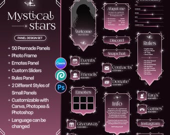May include: A digital panel design set titled Mystical Stars featuring dark purple and pink gradient frames with star accents. Includes sections for About Me, Rules, Discord, Snapchat, Contacts, Donate, Emotes, Giveaway, Commands, FAQ, Games, Instagram, and Email.