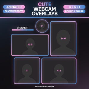 May include: A graphic design template for webcam overlays with four different aspect ratios: 1:1, 16:9, 9:16, and 4:3. The template has a gradient background with pink and blue neon outlines. The text "CUTE WEBCAM OVERLAYS" is at the top of the image. The text "ANIMATED GLOW EFFECT" is in a pink rectangle at the top left of the image. The text "4+4+1 ROUND & SHARP" is in a pink rectangle at the top right of the image.